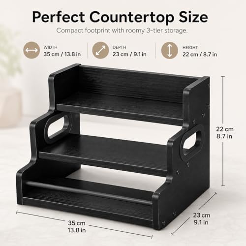 3 Tier Spice Rack Organizer for Cabinet, Wood Spice Shelf Storage, Kitchen Seasoning Organizer for Kitchen Countertop or Pantry, Spice Bottles, Bottles, Black - Image 2