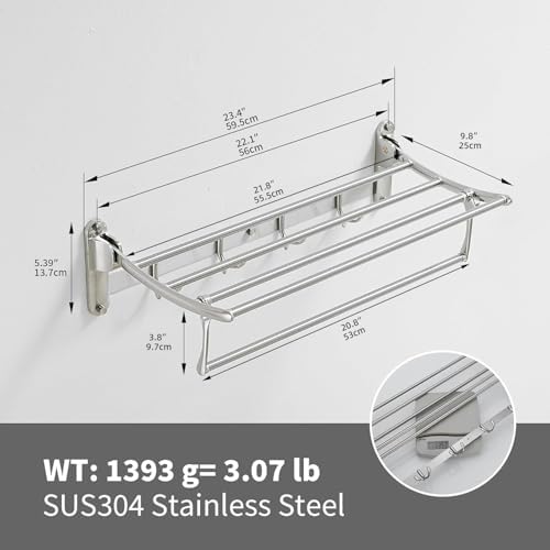 BESy Towel Racks with Foldable Towel Bar Hooks Wall Mounted Brushed Nickel - Image 6