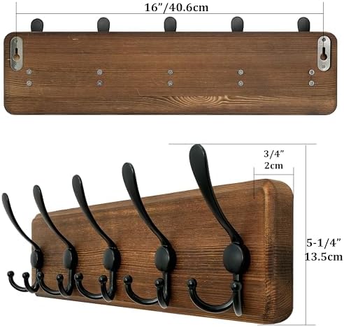 WEBI Rustic Coat Rack Wall Mount,Solid Wood Coat Hooks Wall Mounted Coat Hanger,16" Hole to Hole,Hook Rack Rail,5 Triple Hooks for Hanging Coats,Jacket,Clothes,Farmhouse,Brown - Image 3