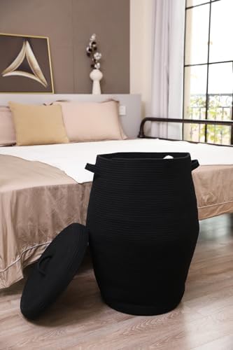 26"x20" Extra Large Tall Woven Laundry Basket with Lid, Cotton Rope Blanket Storage Basket, Freestanding Decorative Bin for Bedroom Living Room, Black - Image 3