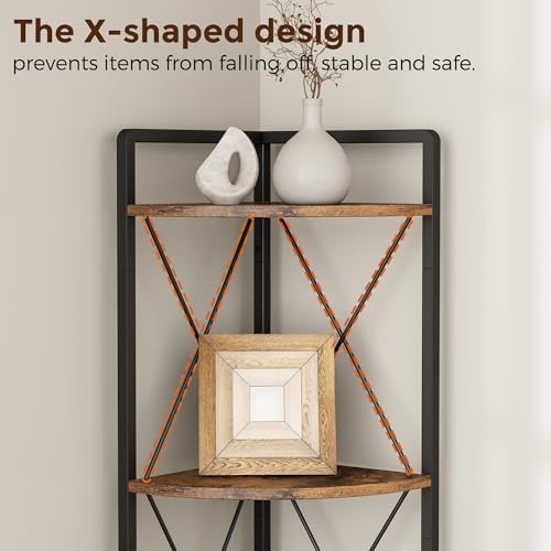 5 Tier Corner Shelf Stand, 64" H Tall Corner Bookshelf, Rustic Brown - Image 5