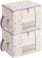 Chaos Cleared Canvas Storage Bags Designer Organizer 2 Pack – Seasonal Storage for Sweaters, Blankets, Linens & Garments – Foldable Design with Zip & Window (Purple Floral Print) by ChaosCleared
