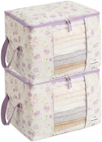 Chaos Cleared Canvas Storage Bags Designer Organizer 2 Pack – Seasonal Storage for Sweaters, Blankets, Linens & Garments – Foldable Design with Zip & Window (Purple Floral Print) by ChaosCleared
