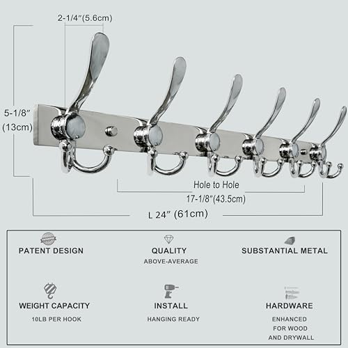 Dseap Coat Rack Wall Mount 24 Inch, Heavy Duty 12-Gauge Base vs Flimsy 1mm, Double-Thick Solid Anti-Snap Hooks, Stainless Steel 6-Hook Hanger Organizer for Clothes Hat Closet Entryway, Chromed - Image 3