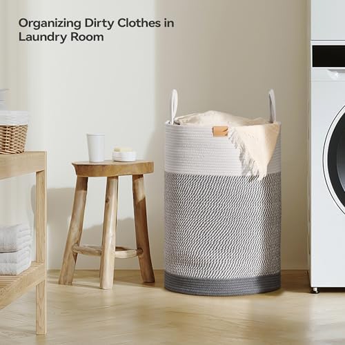 Nunsino Laundry Hamper 75L,Large Laundry Basket for Clothes,Decorative Storage Basket for Blankets,Cotton Rope Woven basket for bedroom,Grey White - Image 3