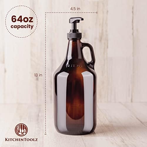 Large Amber Pump Bottle for Salons, Shampoo, Conditioner, Hair Serum, Gel - Half Gallon Glass Jug Pump Dispenser - 64 oz Capacity - Pack of 1- by Kitchentoolz - Image 2