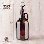 Half Gallon Glass Pump Dispenser Bottle, Large Jug with Pump for Laundry Soap Dispenser, Liquid Detergent, Fabric Softener, Syrup Pump - 64 oz Capacity - Amber Bottle- Pack of 2, by Kitchentoolz - Image 2
