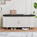 DHH 2-Tier Storage Bench,Wide Shoe Bench with Thickened Padded Seat Cushion, Mid Century Modern Fluted Sliding Door and Adjustable Shelf, for Entryway, Living Room, Bedroom (Grayish White, 43.3“) by DHHFurnitureBuyNow