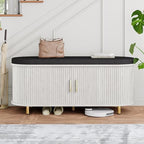DHH 2-Tier Storage Bench,Wide Shoe Bench with Thickened Padded Seat Cushion, Mid Century Modern Fluted Sliding Door and Adjustable Shelf, for Entryway, Living Room, Bedroom (Grayish White, 43.3“) by DHHFurnitureBuyNow