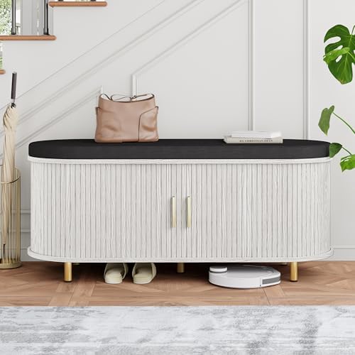 DHH 2-Tier Storage Bench,Wide Shoe Bench with Thickened Padded Seat Cushion, Mid Century Modern Fluted Sliding Door and Adjustable Shelf, for Entryway, Living Room, Bedroom (Grayish White, 43.3“) by DHHFurnitureBuyNow