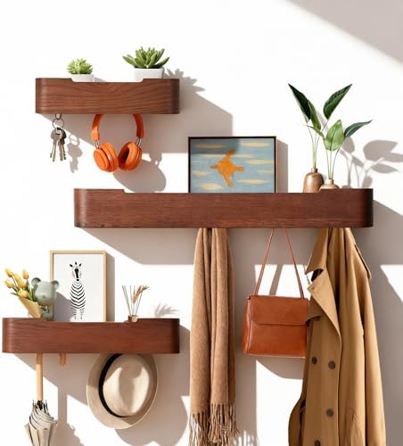 Coat Rack Wall Mount with Shelf Entryway Shelf Modern Key Holder Hanger Wall Shelves with Hidden Hooks for Hanging Towels Coats Hats Bags for Hallway Bathroom Bedroom(Walnut Color, 4 Hooks) - Image 3