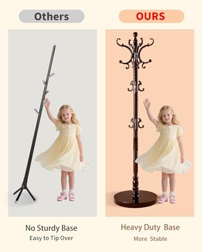 Wooden Coat Rack Freestanding, Solid Wood Coat Rack Stand with 14 Hooks, Vintage Heavy Duty Standing Coat, Sturdy Jacket Hanger Tree Stand for Corner, Office, Entryway - Image 5