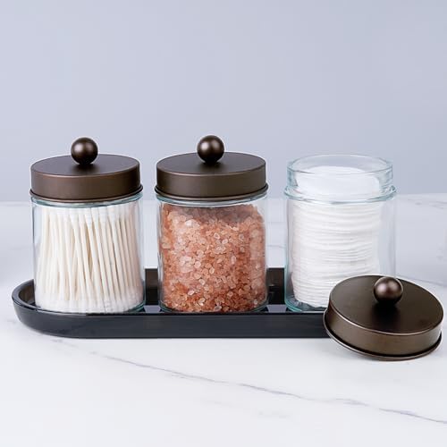 SheeChung Qtip Dispenser Holder, Glass apothecary jars with Acrylic Vanity Tray, Countertop Canister Guest Bathroom Essentials Storage Organizer for Cotton Swabs/Balls, Floss Picks - Image 6