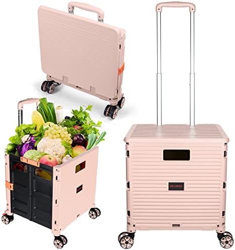 Foldable Utility Cart Portable Rolling Crate Handcart Shopping Trolley Collapsible 4 Rotate Wheels with Durable Heavy Duty Plastic Telescoping Handle for Travel Shopping Moving Storage Office Use by FELICON