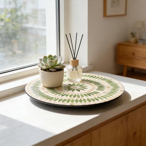 13.4" Mother of Pearl Lazy Susan, Table Centerpiece Round Shell Decorative Lazy Susan Turntable Rotating Tray Organizer for Cabinet Counter Gift Kitchen Office Cafe Home Decor (Dot Green) - Image 5
