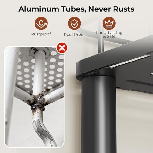Orimade Rustproof 3 Tier Floor Standing Corner Shower Caddy Organizer with Toothbrush Holder, Large Spacing Floor Shower Shelf Rack Storage Stands with Hooks for Bathroom Kitchen, Black - Image 3