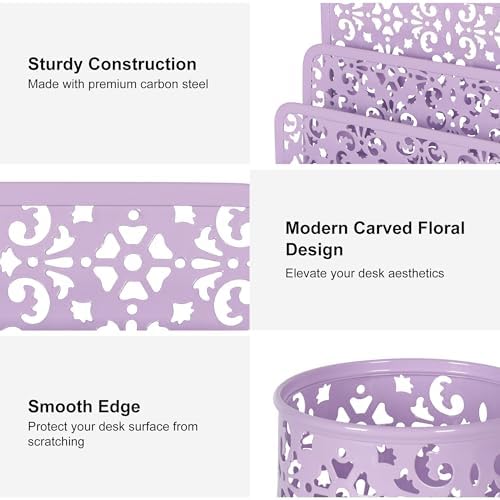 EasyPAG Desk Organizers and Accessories 5 Pieces Office Supplies Set - 2 Tier Paper Tray, Pencil Organizer for Desk, Mail Sorter Countertop, Business Card Holder and Sticky Note Holder, Purple - Image 3