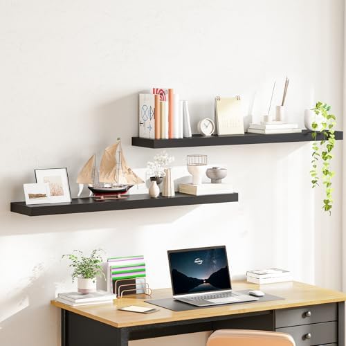 HOOBRO Floating Shelves for Wall, Wall Mounted Shelf Set of 2, 47.2" Hanging Shelf with Invisible Brackets, for Wall Decor Storage in Bathroom Bedroom Kitchen Living Room Office, Black BK120BJP201 - Image 2