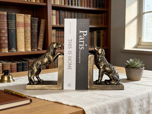 1 Pair Dog Bookends for Shelves, Retro Gold Resin Bookends for Heavy Books, Home Office Desk Decor, Golden Retriever Book Ends (Retro Gold Dog 02) - Image 4