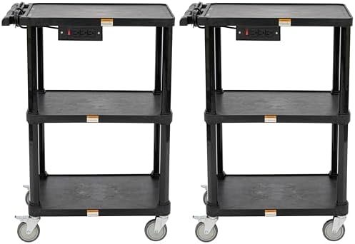 Pearington 3-Shelf Mobile Utility Cart with 3 Outlets and 8' Cord, Heavy-Duty Service Cart for Offices and Warehouses with 3 Shelves, Black, 2 Pack by Pearington