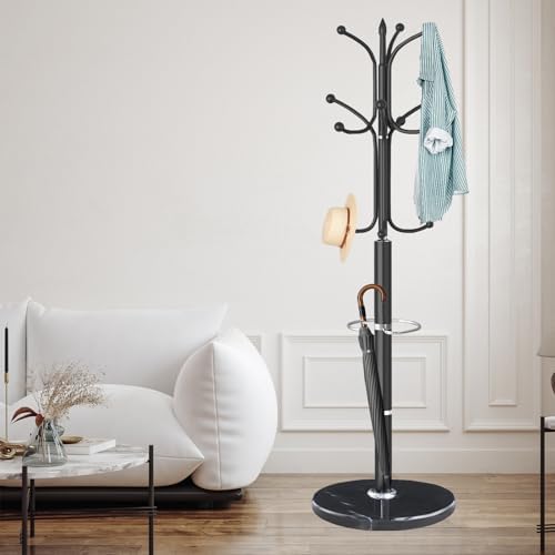 ZOZOE Metal Coat Rack Stand, Modern Coat Rack Freestanding with Natural Marble Base, Sturdy Coat Racks with 12 Hooks & Umbrella Holder,Black Coat Tree Hanger Stand for Bags,Hats,Entryway,Office - Image 7