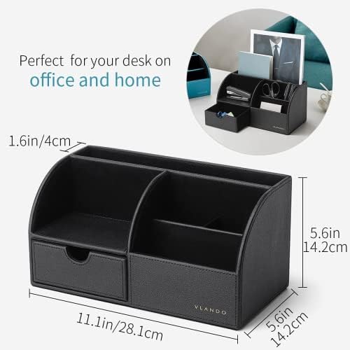 VLANDO Office Desk Organizer Leather Desktop Organizer Caddy with Drawer for Storing Desktop Supplies and Accessories (Black Set) - Image 4
