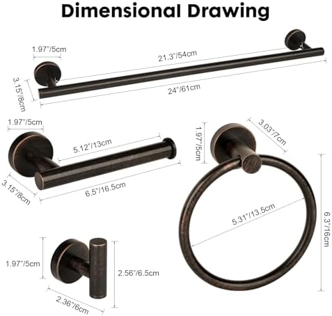 Oil Rubbed Bronze Bathroom Hardware Accessories Set 5 Piece, Stainless Steel Towel Bar Set 24 Inch,Toilet Paper Holder,Towel Ring Holder,Towel Rack Set,Brushed Bronze Bathroom Accessories Kit - Image 7