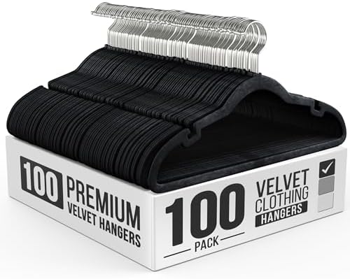 Our Modern Space 100 Pack Velvet Hanger for Shirt Pants Dresses Skirts Suits Jackets - Slim Space Saving Design - Standard Coat Hanger - Sturdy & Durable Design with Shoulder Grooves Hook by OurModernSpace