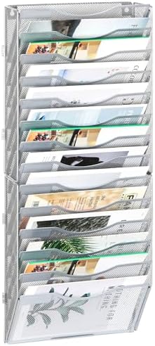 EasyPAG Wall File Organizer for Office 14 Pocket Mesh Wall Mounted Paper Organizer Hanging Folder Holder with Nametag Label for Home School, Silver by EasyPAG