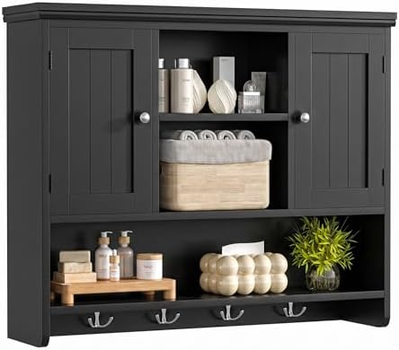 Bathroom Wall Cabinet with Doors and Hooks, 3-Tier Wall Mounted Cabinet by Keehusux