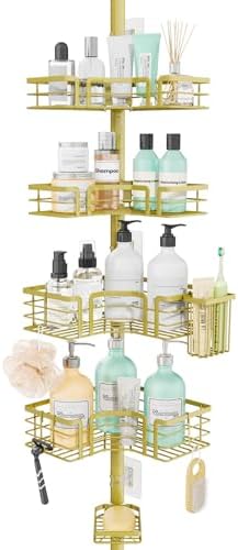 SWTYMIKI Shower Caddy Tension Pole - 4-Tier Corner Shower Organizer Tension Rod with Soap Holder, Toothbrush Holder & 4 Hooks, Adjustable Stainless Steel Shower Shelves 27.6 to 108.3 inch, Gold by SwtyMiki-TidyHomeSweetLife