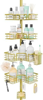 SWTYMIKI Shower Caddy Tension Pole - 4-Tier Corner Shower Organizer Tension Rod with Soap Holder, Toothbrush Holder & 4 Hooks, Adjustable Stainless Steel Shower Shelves 27.6 to 108.3 inch, Gold by SwtyMiki-TidyHomeSweetLife