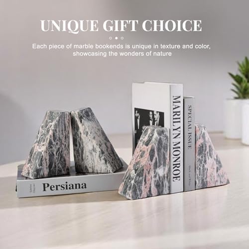 Koville Marble Bookends for Shelves, Large Bookends for Heavy Books, Natural Stone Book Stopper for Books CD Movies, Aesthetic Decorative Book Ends (Grey&Pink) - Image 5