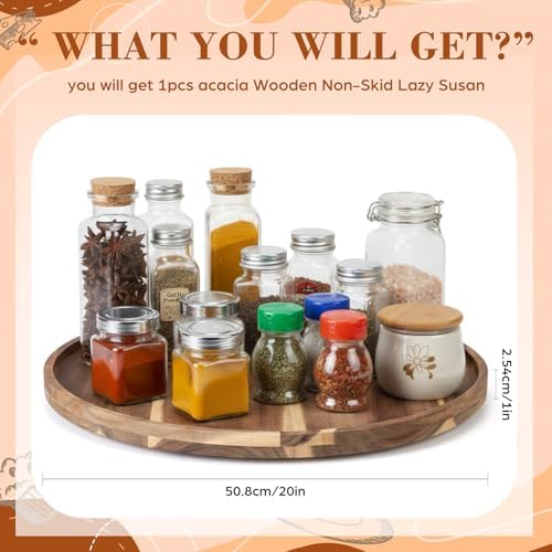 20'' Wood Lazy Susan for Countertop Acacia Large Turntable Rotating Serving Tray for Table Top Non Skid Kitchen Tray Revolving Condiment Spice Rack Table Organization Storage, Natural - Image 3