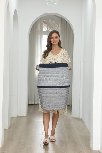 26"x20" Extra Large Tall Woven Laundry Basket with Lid, Cotton Rope Blanket Storage Basket, Freestanding Decorative Bin for Bedroom Living Room, Navy Blue Mix - Image 5