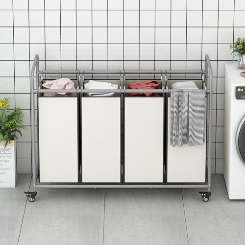 LINZINAR 4 Section Laundry Hamper, Beige Laundry Basket 180L Laundry Sorter - Image 3
