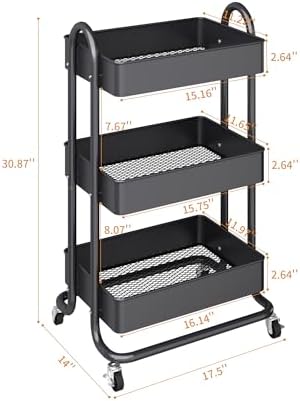 MIOCASA 3-Tier Metal Utility Rolling Cart, Heavy Duty Multifunction Cart with Lockable Casters, Easy to Assemble, Suitable for Office, Bathroom, Kitchen, Garden (Dark Gray, 3-Tier-Metal) - Image 3