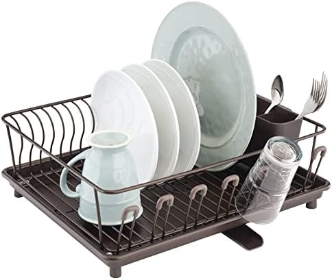 mDesign Alloy Steel Sink Dish Drying Rack Holder with Plastic Swivel Spout Drainboard Tray - Dish Rack/Dish Drainer Storage Organizer for Kitchen Counter - Concerto Collection, Bronze by mDesign