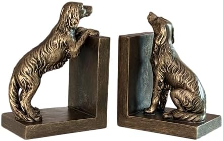 1 Pair Dog Bookends for Shelves, Retro Gold Resin Bookends for Heavy Books, Home Office Desk Decor, Golden Retriever Book Ends (Retro Gold Dog 02) by ifreeside