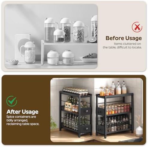 YATINEY Spice Rack, 3-Tier Pull Out Spice Rack Organizer for Countertop, Narrow Kitchen Countertop Storage Shelf with 2 Drawers, for Kitchen, Cafe, Black SR02BB - Image 6