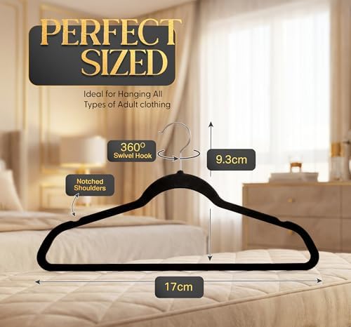 Beddora Velvet Hangers 50-Pack,Black Non-Slip Slim Space-Saving Closet Organizer, Suit & Coat Hangers, Heavy-Duty, 360° Swivel Hook - Image 2