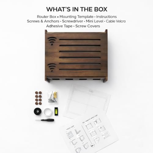 Router Box Hider, Router Shelf WiFi Box Hider, Wooden WiFi Storage Cabinet with Sliding Panel, Vented Back, Cable Management, Modem Cover, Cords & Power Strip, Wall Mount or Tabletop (Dark Oak) - Image 6