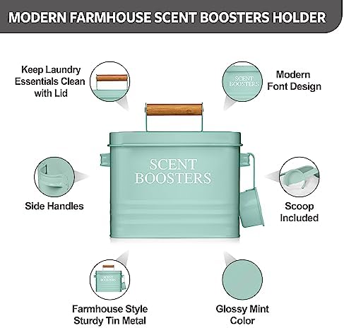 Calindiana Modern Farmhouse Metal Laundry Scent Booster Beads Dispenser Container with Scoop for Laundry Room Decor and Accessories and Space Saving Laundry Room Organization and Storage, Mint - Image 2