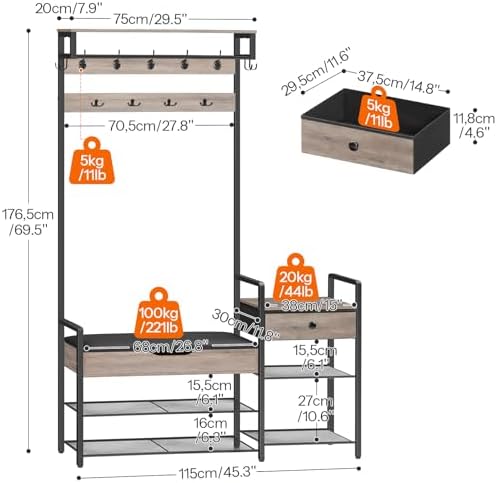 HOOBRO Hall Tree with Bench, Shoe and Coat Rack for Entryway, Coat Rack with Bench, Flip Top Storage Box, PU Cushioned Seat, Non-Woven Fabric Drawer, for Entrance, Greige and Black BG110MT01 - Image 3