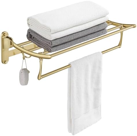 BESy Towel Racks with Foldable Towel Bar Hooks, Wall Mounted Brushed Gold by BESy