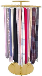 Golden Freestanding Scarf Display Rack with 30 Rods, 360° Rotating Height Adjustable Scarf Organizer, Metal Scarf Holder for Scarves, Ties, Shawls, Belts, Ideal for Boutique & Home Use by Unknown