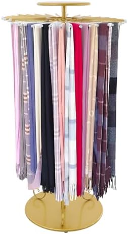 Golden Freestanding Scarf Display Rack with 30 Rods, 360° Rotating Height Adjustable Scarf Organizer, Metal Scarf Holder for Scarves, Ties, Shawls, Belts, Ideal for Boutique & Home Use by Unknown