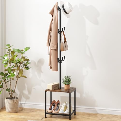Coat Rack Freestanding, Hat Rack Hall Tree with Bench and Shoe Storage, 3-in-1 Coat Hanger Purse Rack Bag Rack Coat Tree Clothes Tree, Vintage Entryway Corner Coat Rack with Shoe Storage by HamsterHouse