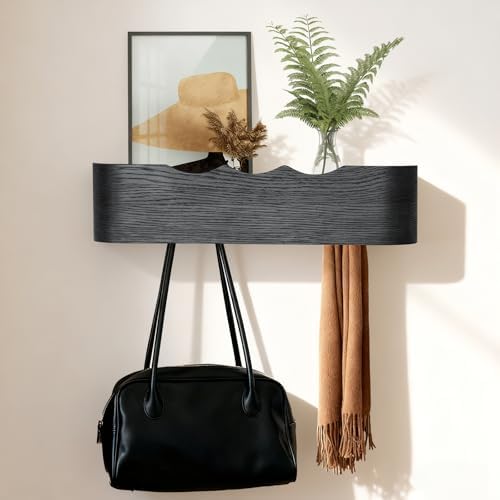 Coat Rack Wall Mount with Shelf Entryway Shelf Modern Key Holder Hanger Wall Shelves with Hidden Hooks for Hanging Towels Coats Hats Bags for Hallway Bathroom Bedroom (Wavy Black, 4 Hooks) by FURNAWAY