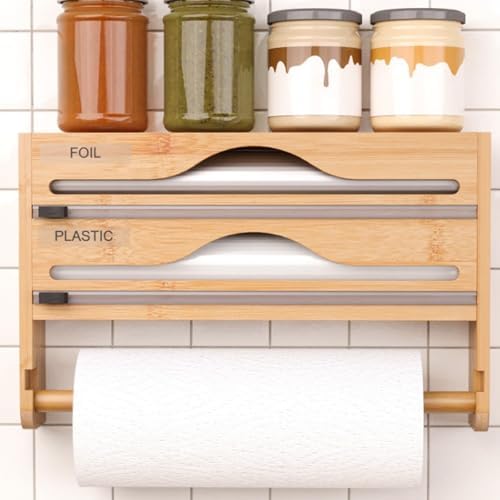 Plastic Wrap Dispenser with Cutter, 1 Pack Wooden Foil and Cling Film Organizer, Wall Mounted Multi Grid Roll Holder Box for Kitchen Drawer Countertop Organization - Image 2